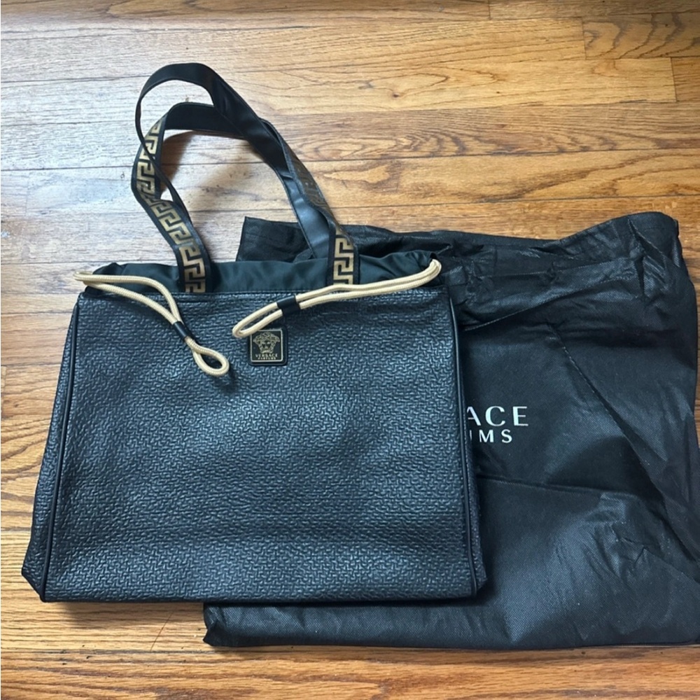 Versace Black Briefcase with Structured Design and Gold Accents